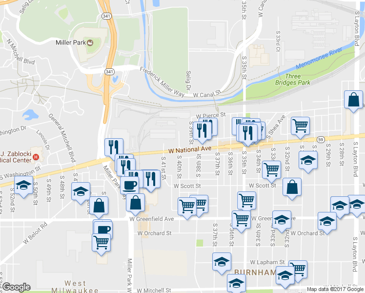 map of restaurants, bars, coffee shops, grocery stores, and more near 3930 West National Avenue in West Milwaukee
