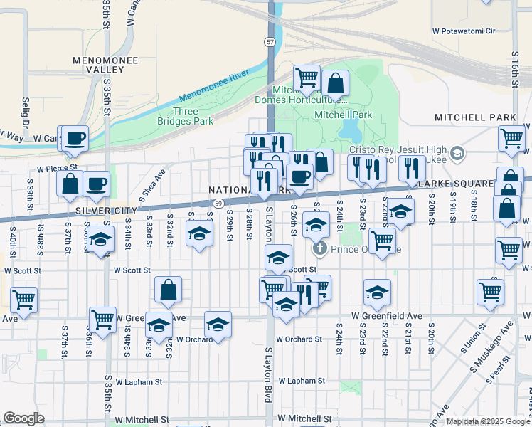 map of restaurants, bars, coffee shops, grocery stores, and more near 927 South Layton Boulevard in Milwaukee