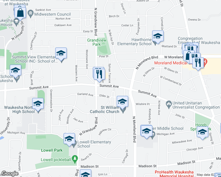 map of restaurants, bars, coffee shops, grocery stores, and more near 1519 Summit Avenue in Waukesha