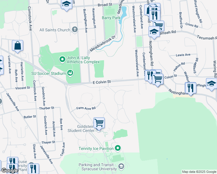 map of restaurants, bars, coffee shops, grocery stores, and more near 120 Slocum Heights in Syracuse