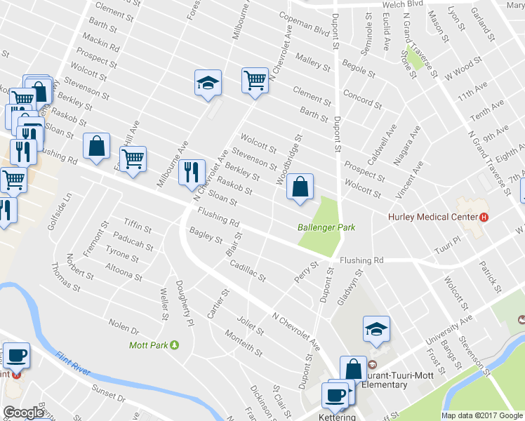 map of restaurants, bars, coffee shops, grocery stores, and more near 2116 Sloan Street in Flint