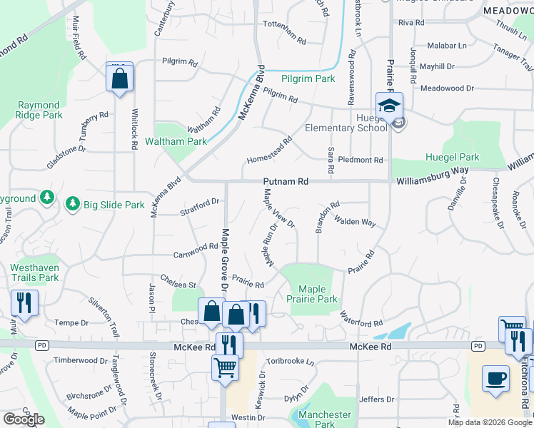 map of restaurants, bars, coffee shops, grocery stores, and more near 2822 Maple View Drive in Madison