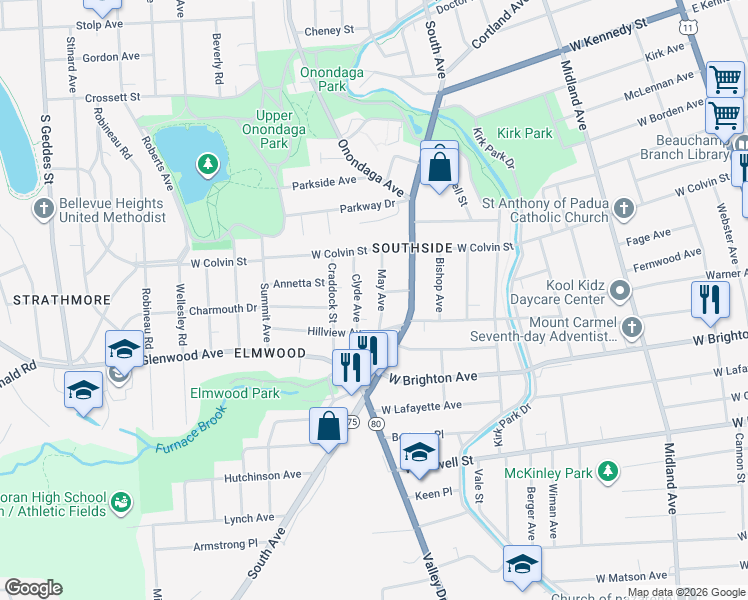 map of restaurants, bars, coffee shops, grocery stores, and more near 204 May Avenue in Syracuse