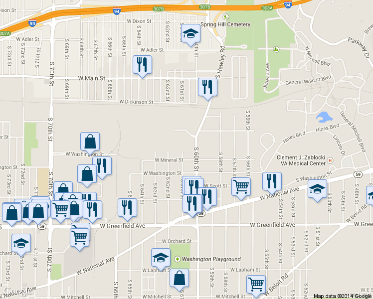 map of restaurants, bars, coffee shops, grocery stores, and more near 950 South 61st Street in West Allis