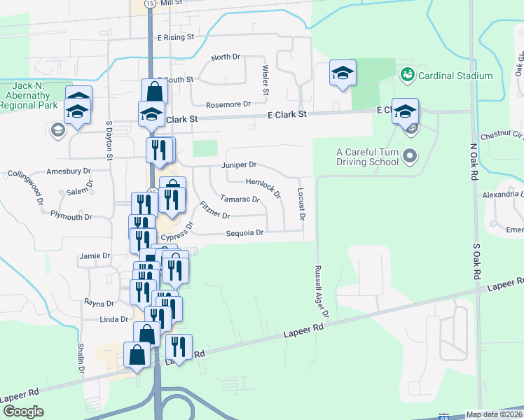 map of restaurants, bars, coffee shops, grocery stores, and more near 515 Fitzner Drive in Davison