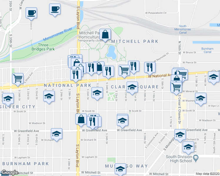 map of restaurants, bars, coffee shops, grocery stores, and more near 910 South 24th Street in Milwaukee