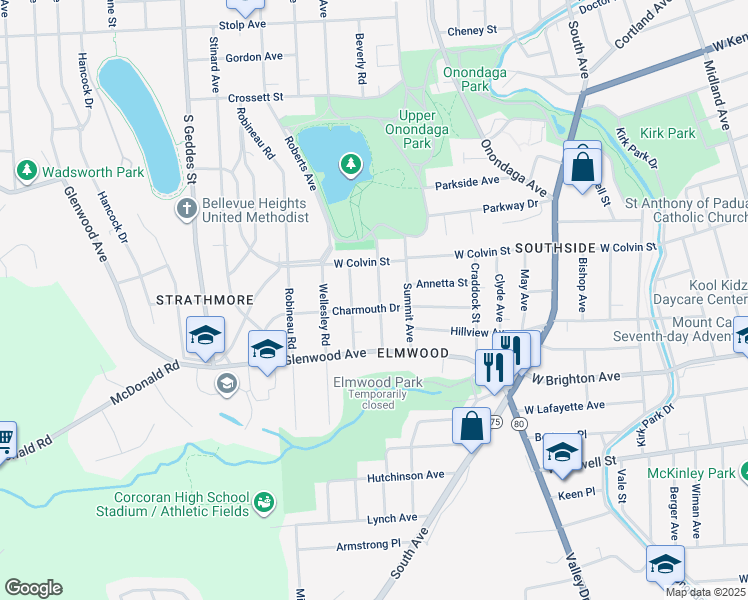 map of restaurants, bars, coffee shops, grocery stores, and more near 240 Arlington Avenue in Syracuse