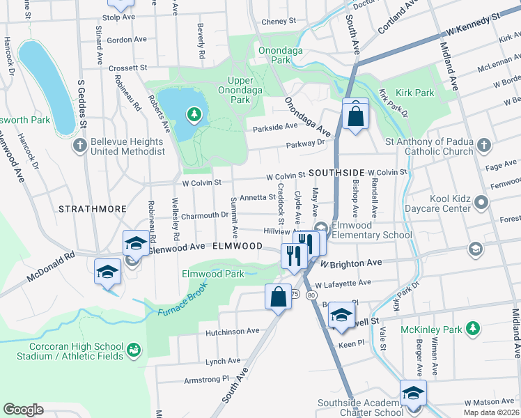 map of restaurants, bars, coffee shops, grocery stores, and more near 130 Charmouth Drive in Syracuse