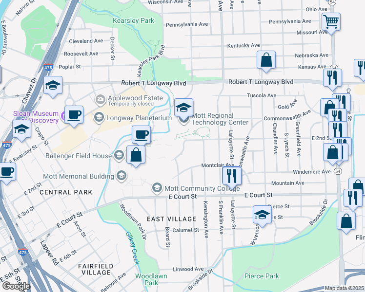 map of restaurants, bars, coffee shops, grocery stores, and more near 1520 East 2nd Street in Flint