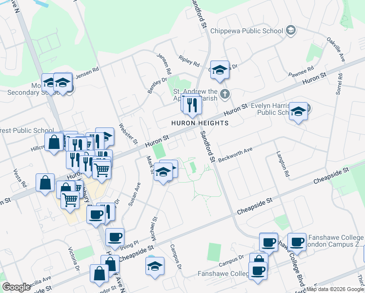 map of restaurants, bars, coffee shops, grocery stores, and more near 1445 Huron Street in London