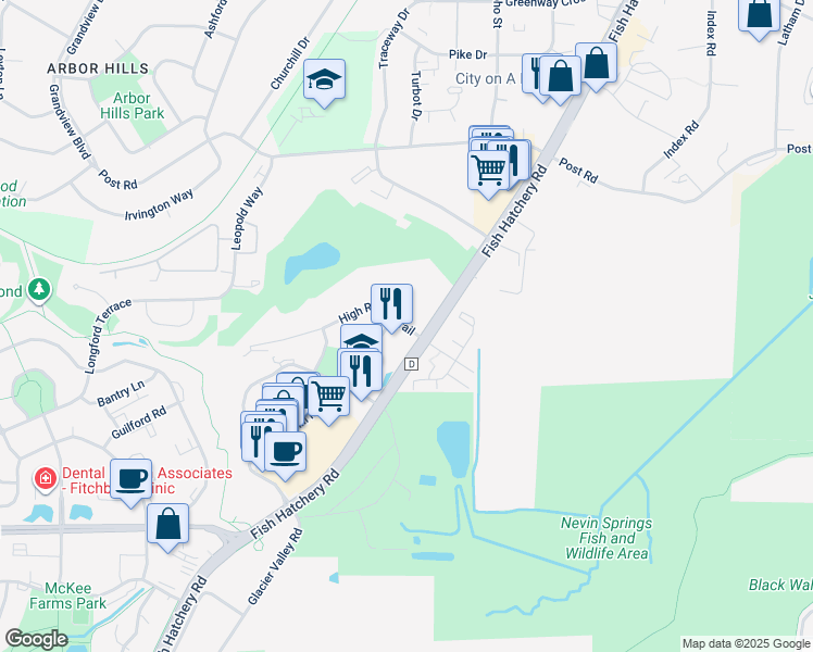 map of restaurants, bars, coffee shops, grocery stores, and more near 2108 High Ridge Trail in Fitchburg