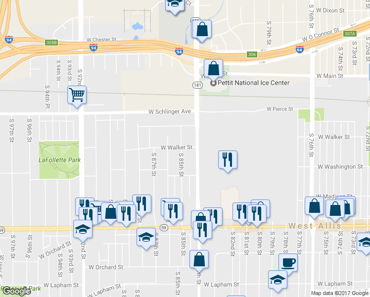 map of restaurants, bars, coffee shops, grocery stores, and more near 904 South 85th Street in West Allis