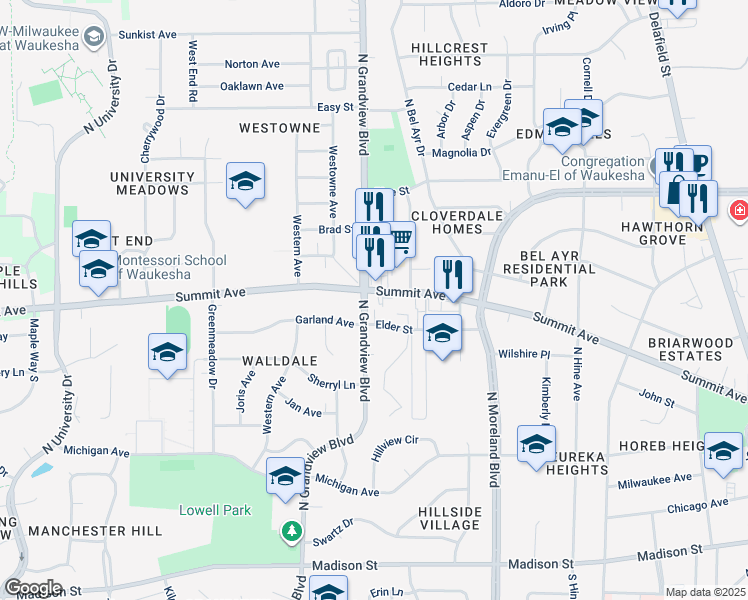 map of restaurants, bars, coffee shops, grocery stores, and more near 1709 Summit Avenue in Waukesha