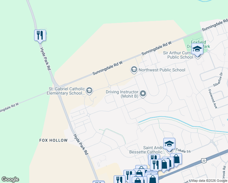 map of restaurants, bars, coffee shops, grocery stores, and more near 2386 Jordan Boulevard in London