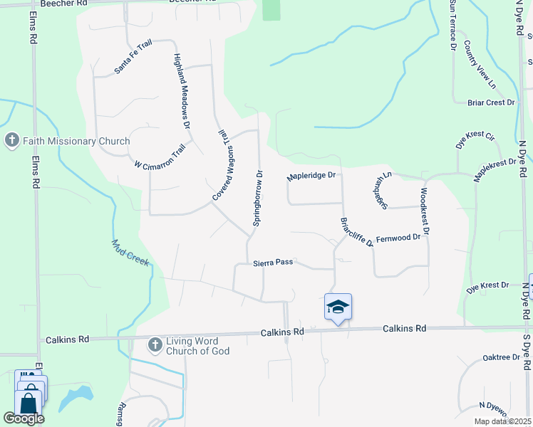 map of restaurants, bars, coffee shops, grocery stores, and more near 1196 Springborrow Dr in Flint