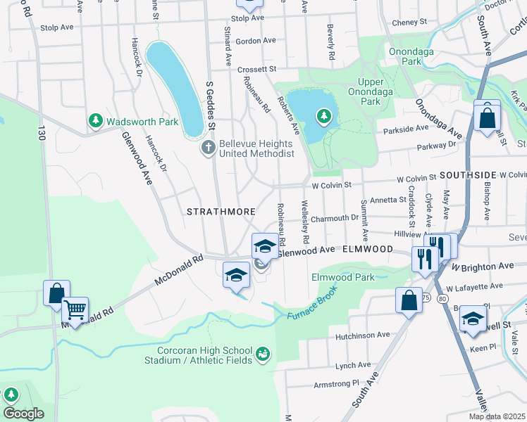 map of restaurants, bars, coffee shops, grocery stores, and more near 215 Strathmore Dr in Syracuse