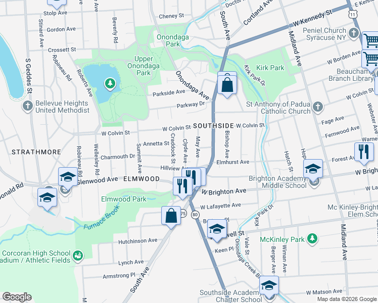 map of restaurants, bars, coffee shops, grocery stores, and more near 204 May Avenue in Syracuse