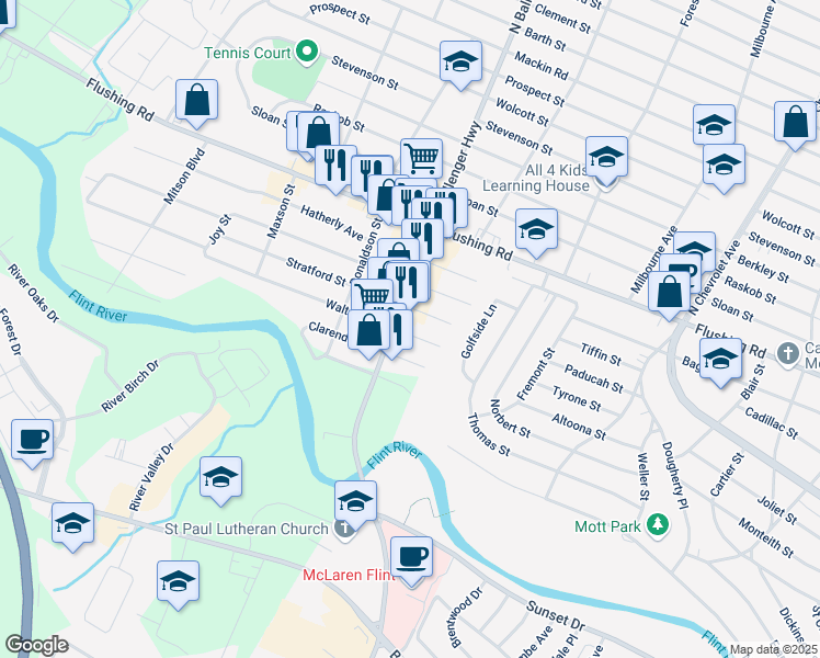 map of restaurants, bars, coffee shops, grocery stores, and more near 3014 Walton Avenue in Flint