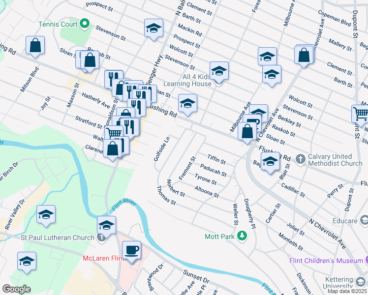 map of restaurants, bars, coffee shops, grocery stores, and more near 2749 Norbert Street in Flint