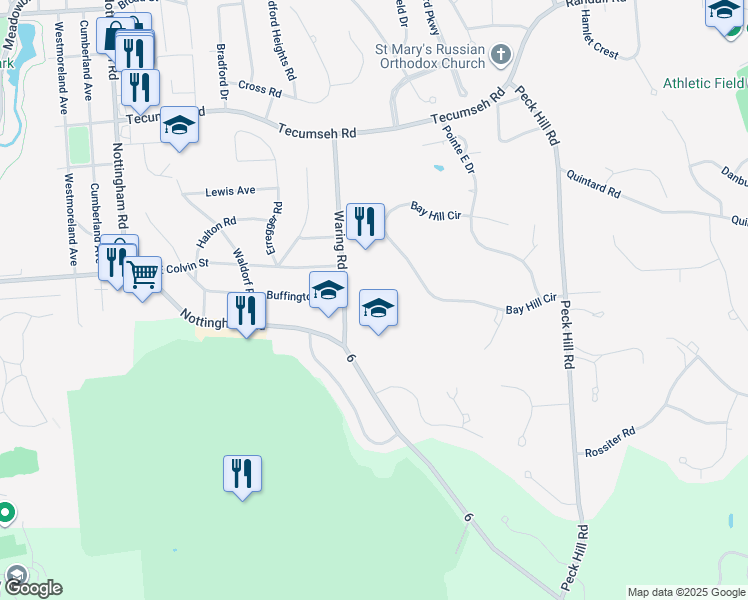 map of restaurants, bars, coffee shops, grocery stores, and more near 108 Waring Road in Syracuse