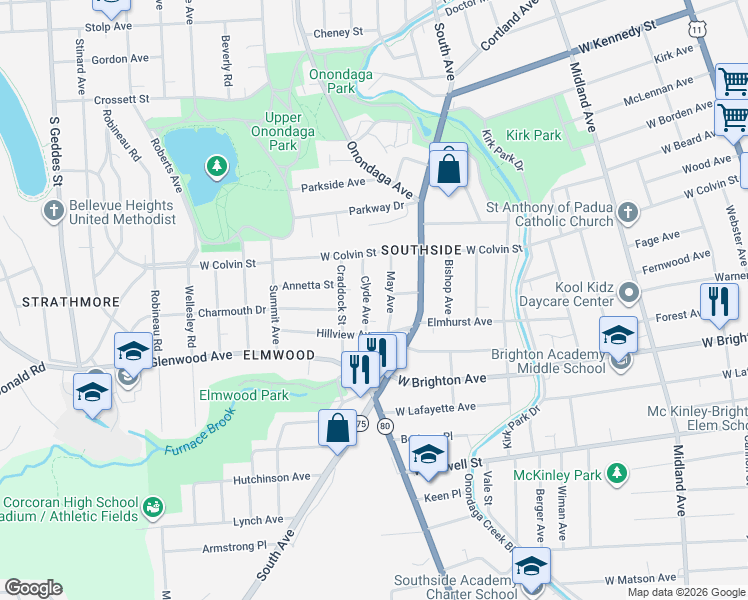 map of restaurants, bars, coffee shops, grocery stores, and more near 204 May Avenue in Syracuse