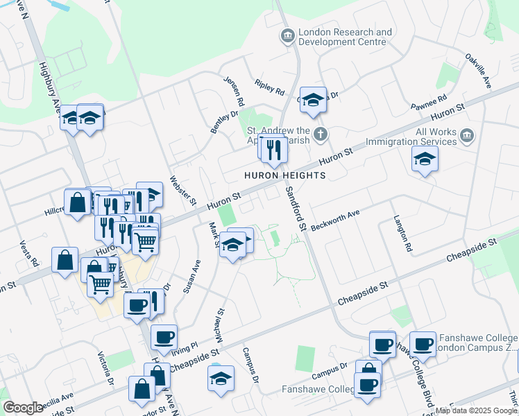 map of restaurants, bars, coffee shops, grocery stores, and more near 1443 Huron Street in London