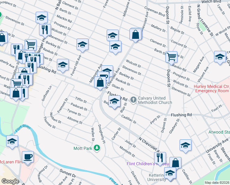 map of restaurants, bars, coffee shops, grocery stores, and more near 2422 Flushing Road in Flint