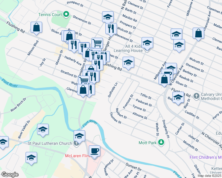 map of restaurants, bars, coffee shops, grocery stores, and more near 2738 Golfside Lane in Flint