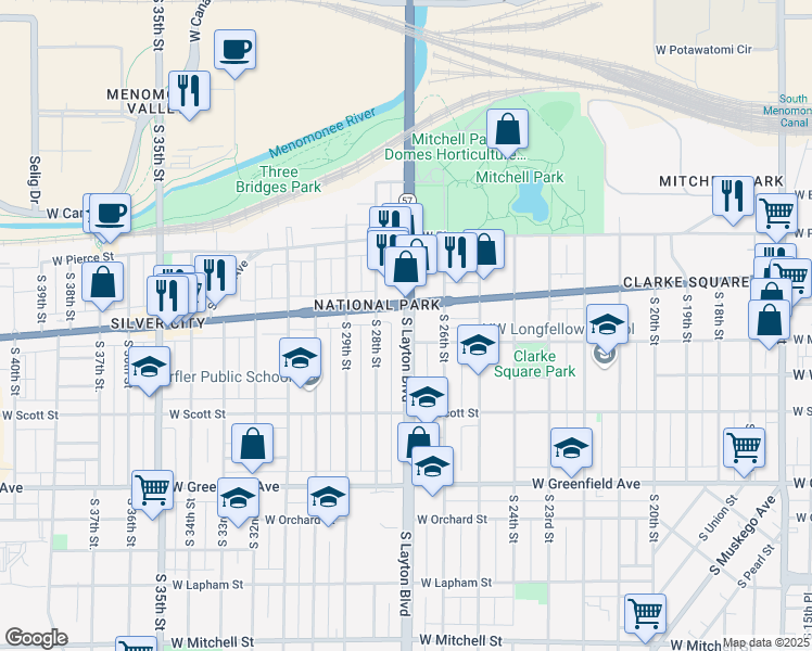 map of restaurants, bars, coffee shops, grocery stores, and more near 927 South Layton Boulevard in Milwaukee