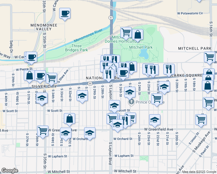 map of restaurants, bars, coffee shops, grocery stores, and more near 921 South Layton Boulevard in Milwaukee