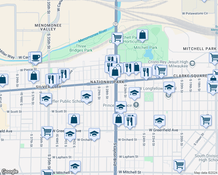 map of restaurants, bars, coffee shops, grocery stores, and more near 921-923 South 28th Street in Milwaukee