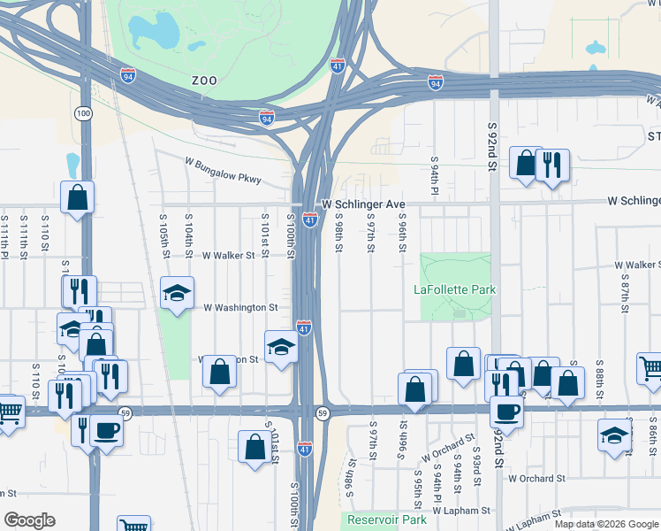 map of restaurants, bars, coffee shops, grocery stores, and more near 921 South 98th Street in West Allis