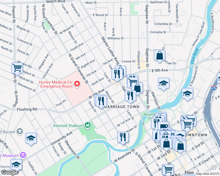 map of restaurants, bars, coffee shops, grocery stores, and more near 224 West 4th Avenue in Flint