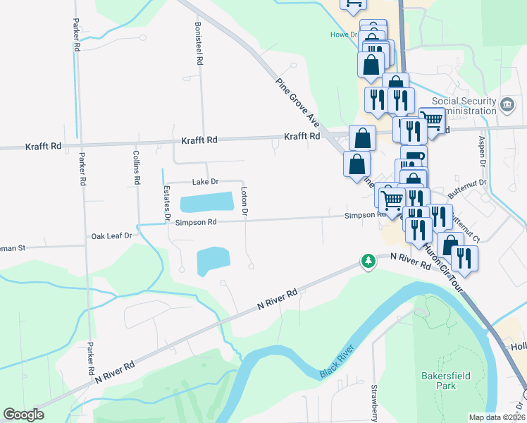 map of restaurants, bars, coffee shops, grocery stores, and more near 3170 Simpson Road in Fort Gratiot Township