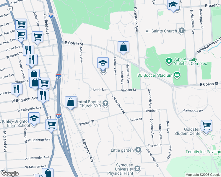 map of restaurants, bars, coffee shops, grocery stores, and more near 435 Jamesville Avenue in Syracuse