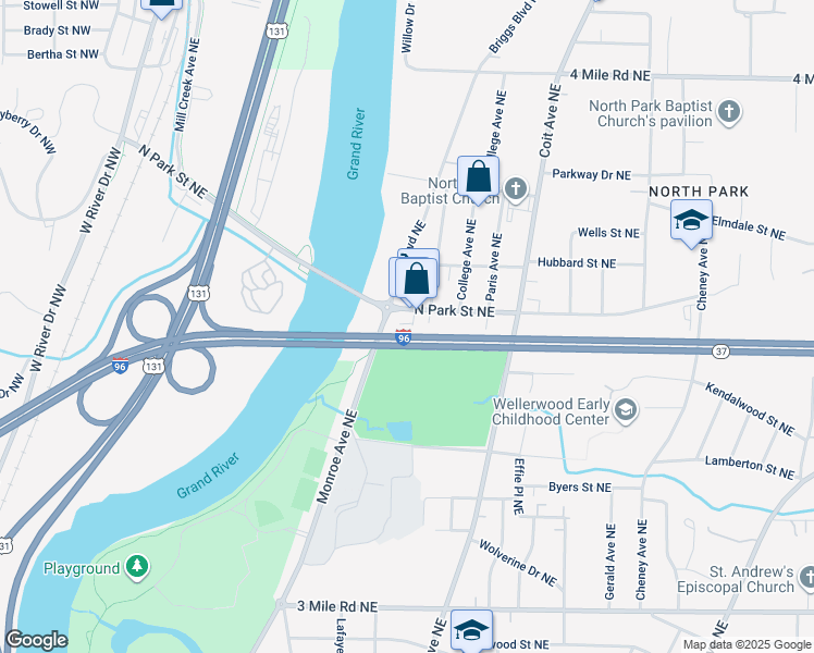 map of restaurants, bars, coffee shops, grocery stores, and more near 3226 Terrace Walk Avenue Northeast in Grand Rapids