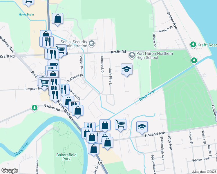 map of restaurants, bars, coffee shops, grocery stores, and more near 3854 Tamarack Drive in Port Huron