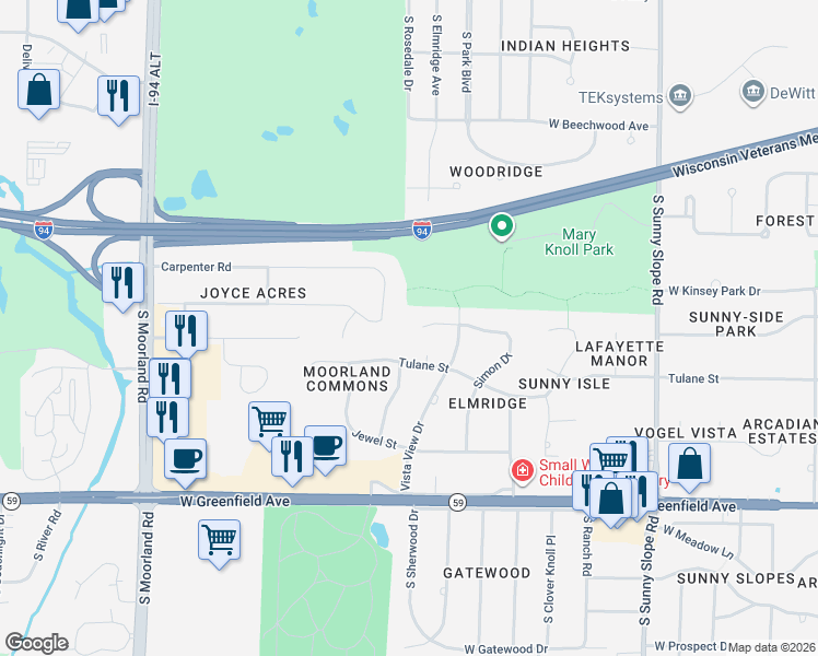 map of restaurants, bars, coffee shops, grocery stores, and more near 14655 Santa Rosa Drive in Brookfield