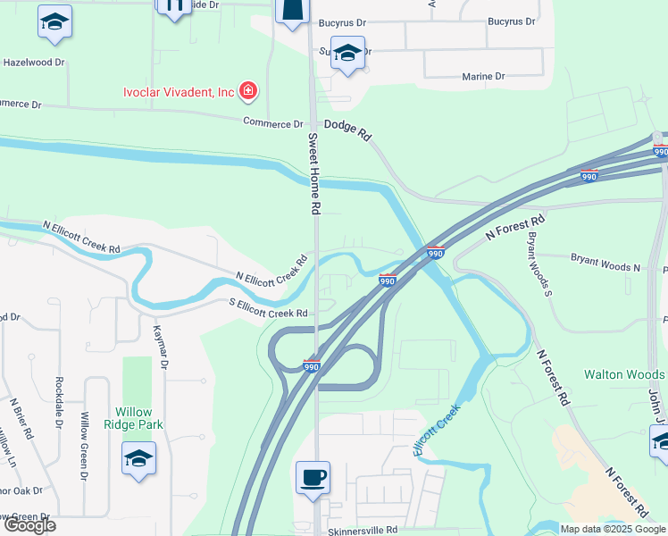 map of restaurants, bars, coffee shops, grocery stores, and more near 32 Passagrille Drive in Buffalo