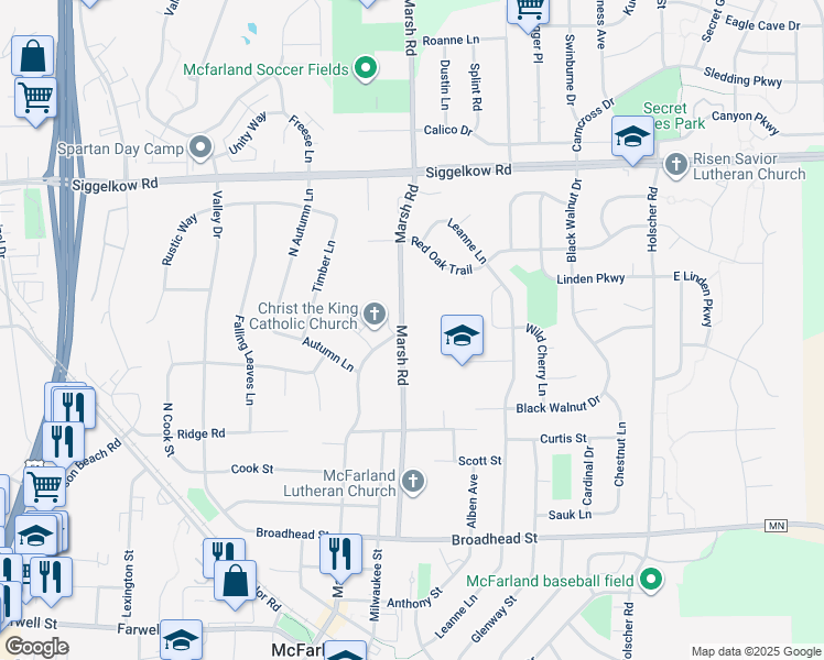 map of restaurants, bars, coffee shops, grocery stores, and more near 5309 Marsh Road in McFarland