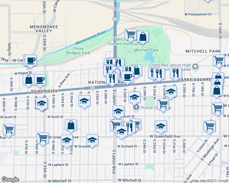 map of restaurants, bars, coffee shops, grocery stores, and more near 921 South Layton Boulevard in Milwaukee