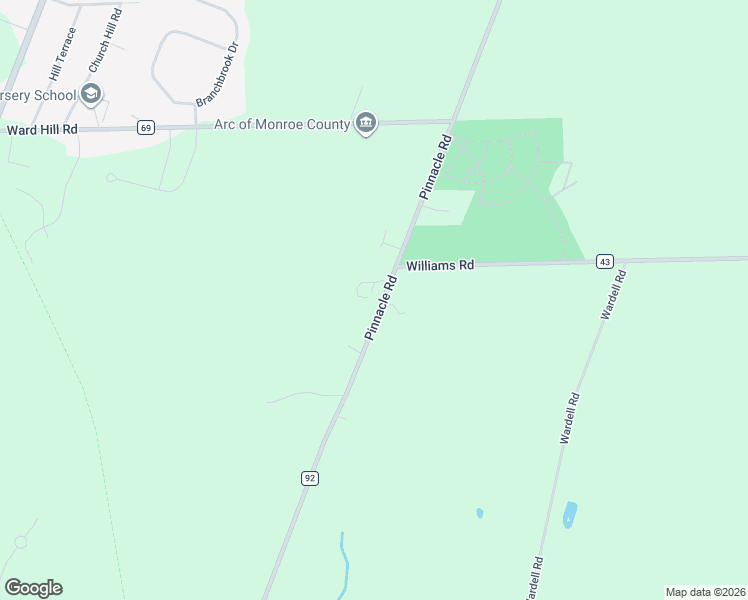 map of restaurants, bars, coffee shops, grocery stores, and more near 2053 Pinnacle Road in Rush