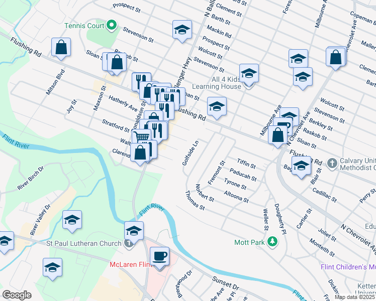 map of restaurants, bars, coffee shops, grocery stores, and more near 2738 Golfside Lane in Flint