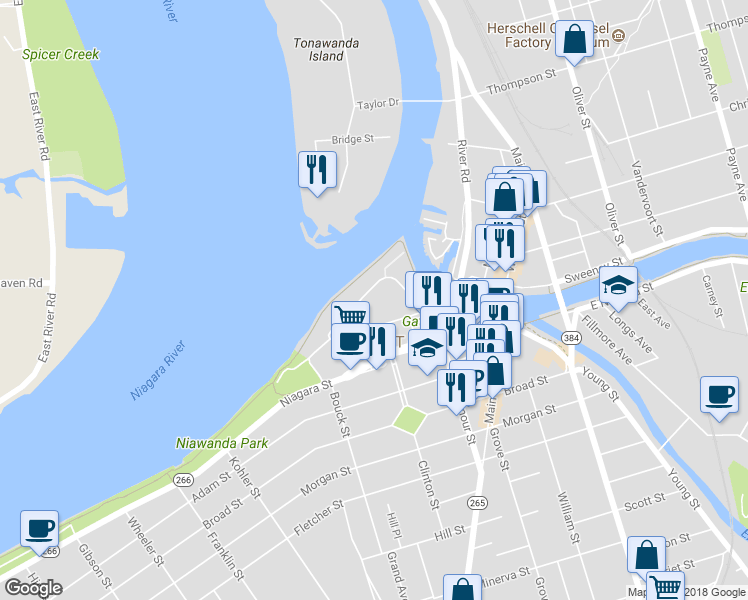 map of restaurants, bars, coffee shops, grocery stores, and more near 63 Niagara Shore Drive in Tonawanda