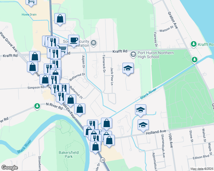 map of restaurants, bars, coffee shops, grocery stores, and more near 3854 Tamarack Drive in Port Huron
