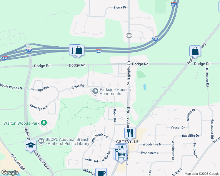 map of restaurants, bars, coffee shops, grocery stores, and more near 851 Robin Road in Buffalo