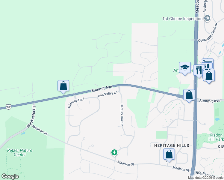 map of restaurants, bars, coffee shops, grocery stores, and more near 3610 Oak Valley Lane in Waukesha