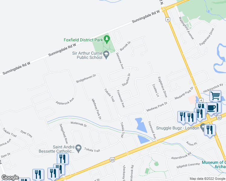 map of restaurants, bars, coffee shops, grocery stores, and more near 1179 Silverfox Drive in London