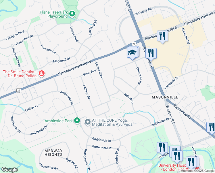 map of restaurants, bars, coffee shops, grocery stores, and more near 1640 Louise Boulevard in London