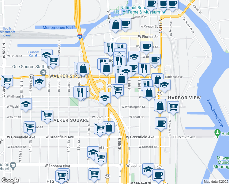 map of restaurants, bars, coffee shops, grocery stores, and more near 935 South 5th Street in Milwaukee